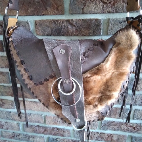 Leather brown mink bag with fringes designer shops handicraft bag rock star metalhead slouchy