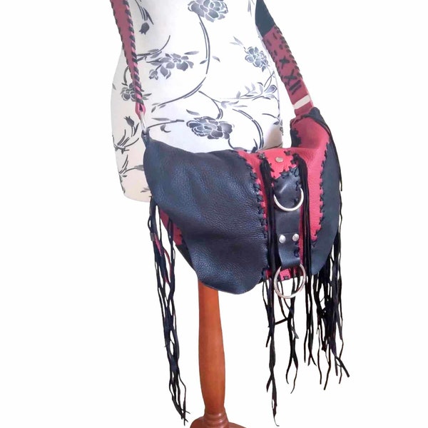 Boho Rock style leather bag in black and red
