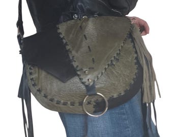 Handcrafted Leather Bag with Braided Strap Detailing – Khaki & Black