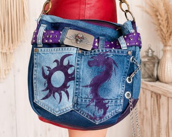 Dragon Denim Crossbody Bag | Upcycled Rock Purse | Boho Punk Festival Bag | Unique Handmade Gift