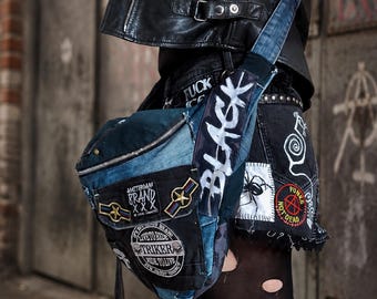 Handmade Rock Style Crossbody Bag – Upcycled Black & Blue Denim Shoulder Bag with Patches, Biker Gothic Oversized Purse