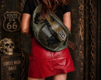 Leather Military Bumbag – Camouflage Fanny Pack Crossbody Shoulder Bag, Army Style Waist Bag