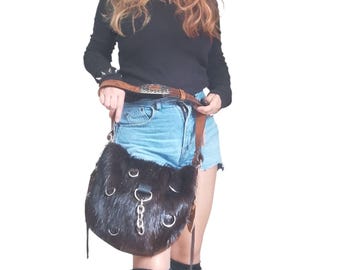 Cognac Suede Goth Handbag – Handmade Leather & Fur Shoulder Bag – One of a Kind Designer Claw Purse