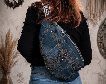 Upcycled Denim Bumbag with Lace Beads & Jeans Pocket – Large Handmade Festival Waist Bag