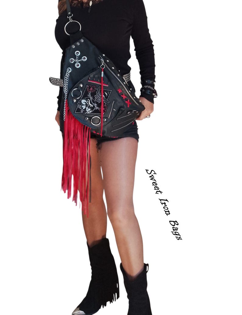 Black and red gothic crossbody purse with functional zippered back pocket