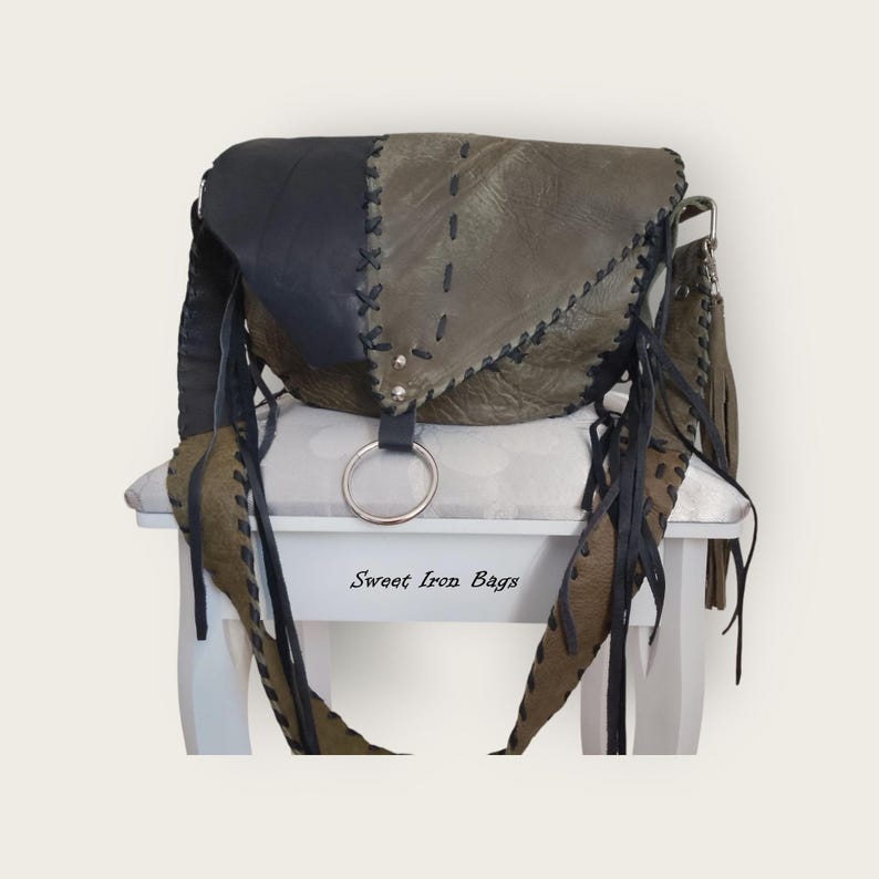Handcrafted Leather Bag with Braided Strap Detailing – Khaki & Black image 4