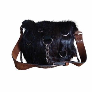Brown handbag, cognac suede, designer Goth fur, handbag with a claw