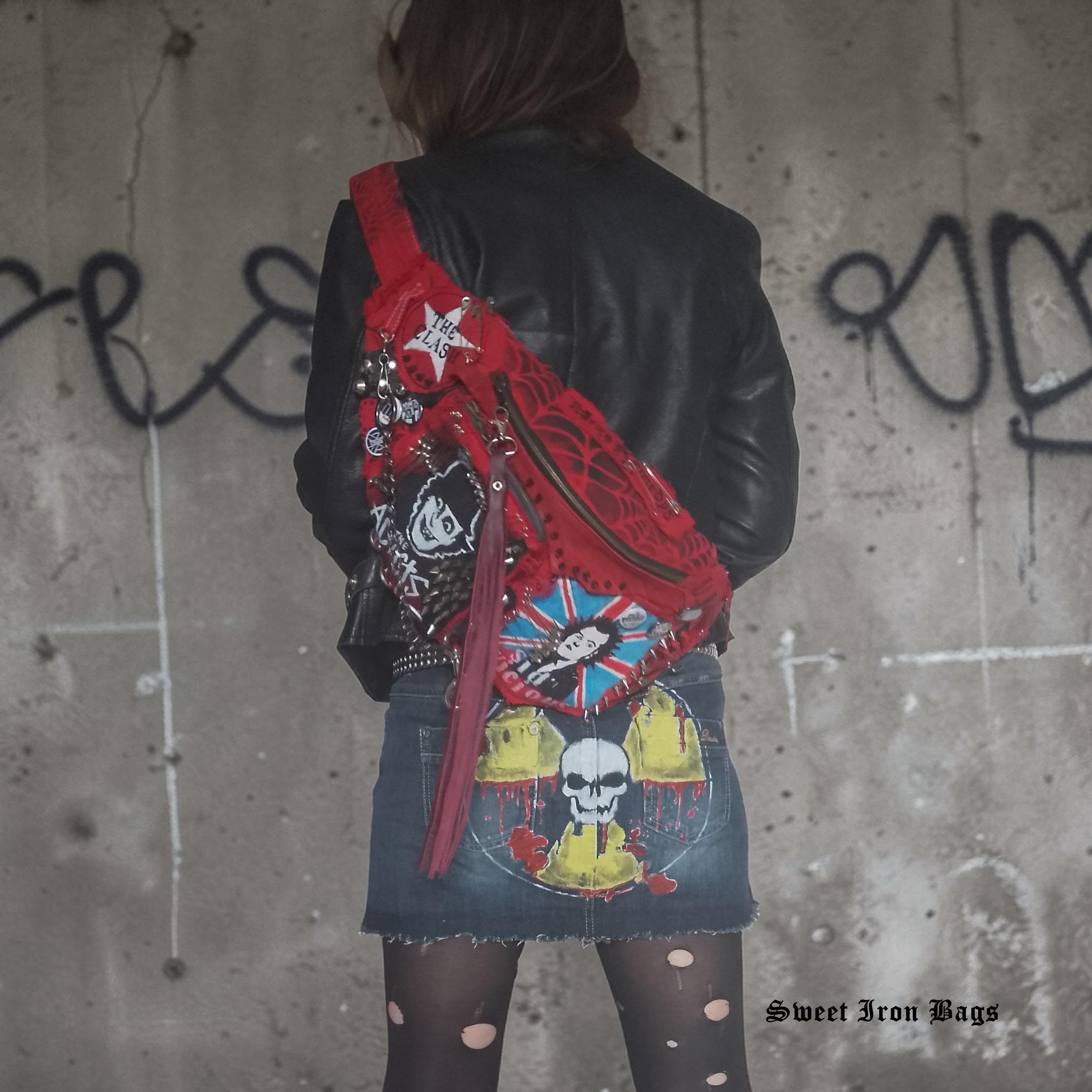 Punk Rock Denim Leather Crossbody Bag – Gothic Festival Bag With 
