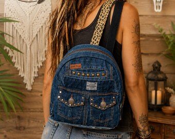 Upcycled Denim Backpack, Recycled Jean Backpack, Small Blue Backpack, Handmade Denim Bag, Sustainable Backpack, Boho Backpack