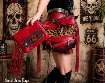Handmade Leather Crossbody Bag | Gothic Fringe Shoulder Purse with Leopard Print | Rock Festival Metalhead Handbag | Sweet Iron Bags