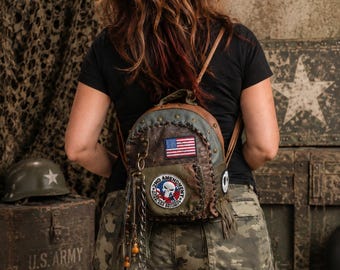 Leather Backpack Small Handmade | Vintage Military Rucksack | Green Brown Unisex Bag | Natural Leather Backpack