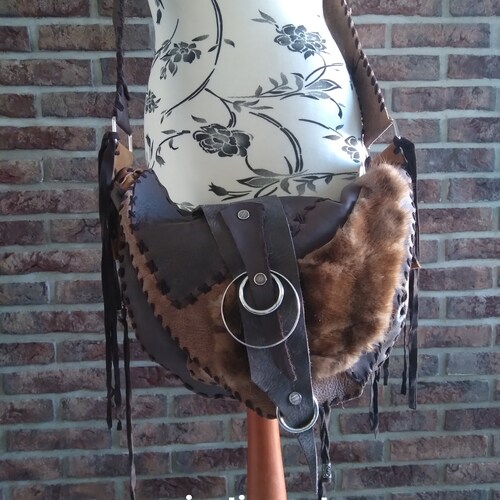 Leather brown mink bag with fringes designer shops handicraft bag rock star metalhead slouchy