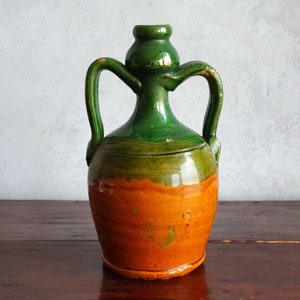 Old Italian handmade terracotta water bottle flask with handles green glazed, vintage image 8