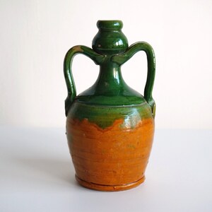 Old Italian handmade terracotta water bottle flask with handles green glazed, vintage image 1