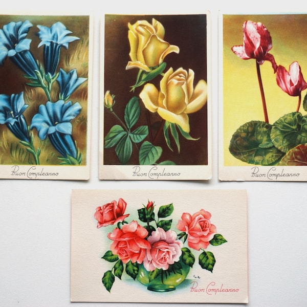 cartes de vœux vintage Happy Birthday, 4 cartes postales inutilisées avec des fleurs des années 1950