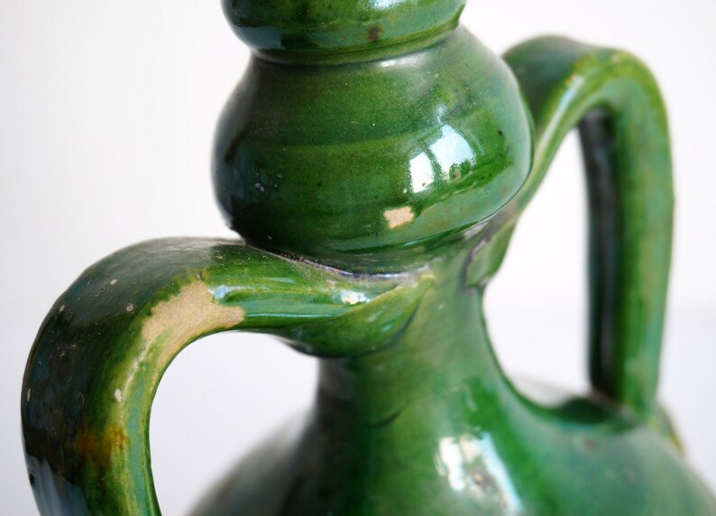 Old Italian handmade terracotta water bottle flask with handles green glazed, vintage image 5