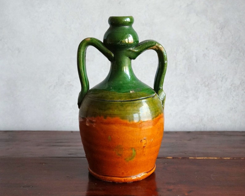 Old Italian handmade terracotta water bottle flask with handles green glazed, vintage image 8