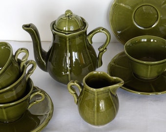 Tea set French Faience Niderviller Maintenon Patine 4 Tea Cups Saucers Teapot Creamer, green majolica