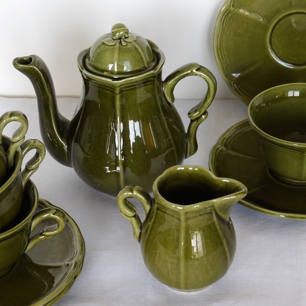 Vintage französisches Niderviller Maintenon Patine Teeservice in grüner Farbe, 4 Tassen Teekanne Milchkännchen