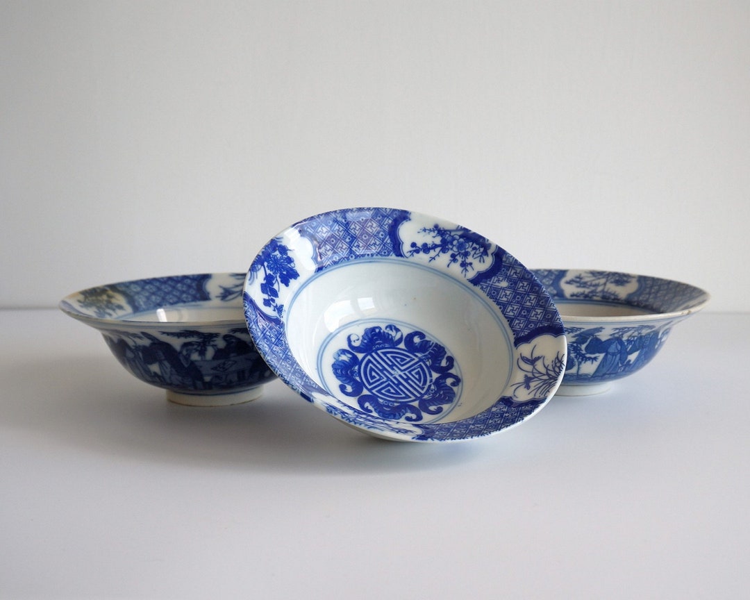 Chinese Porcelain Blue & White Rice Bowl Set of 3 With Longevity Symbol