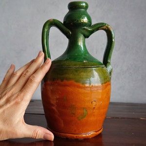 Old Italian handmade terracotta water bottle flask with handles green glazed, vintage image 9