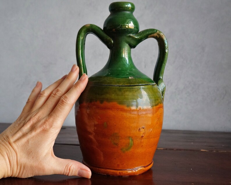 Old Italian handmade terracotta water bottle flask with handles green glazed, vintage image 9