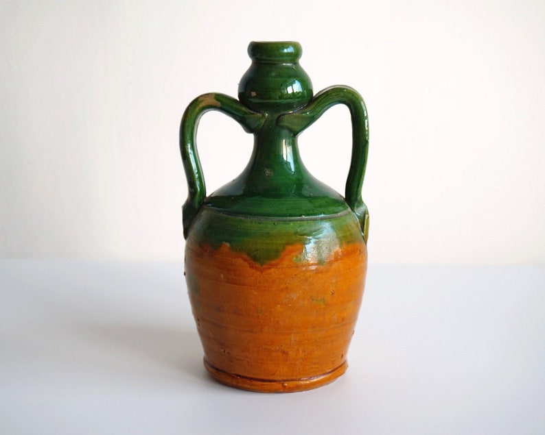 Old Italian handmade terracotta water bottle flask with handles green glazed, vintage image 1