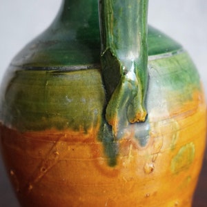 Old Italian handmade terracotta water bottle flask with handles green glazed, vintage image 10