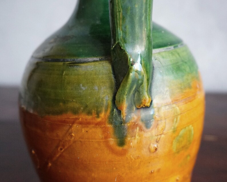 Old Italian handmade terracotta water bottle flask with handles green glazed, vintage image 10