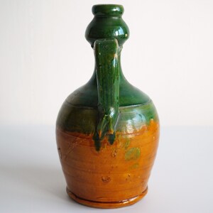 Old Italian handmade terracotta water bottle flask with handles green glazed, vintage image 4