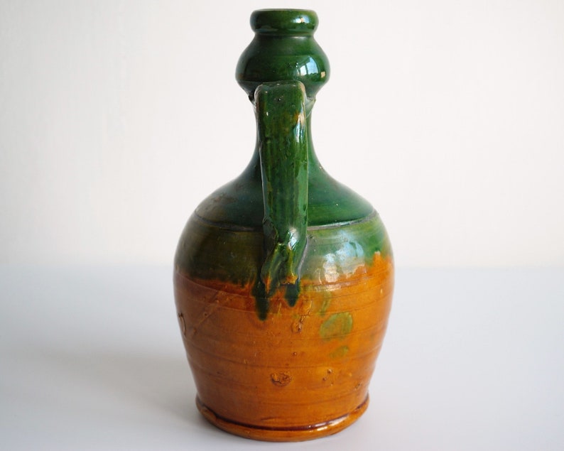 Old Italian handmade terracotta water bottle flask with handles green glazed, vintage image 4