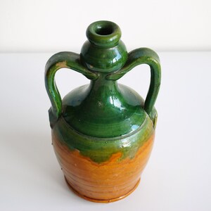 Old Italian handmade terracotta water bottle flask with handles green glazed, vintage image 2