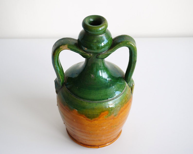 Old Italian handmade terracotta water bottle flask with handles green glazed, vintage image 2