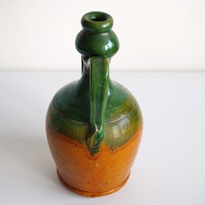 Old Italian handmade terracotta water bottle flask with handles green glazed, vintage image 3