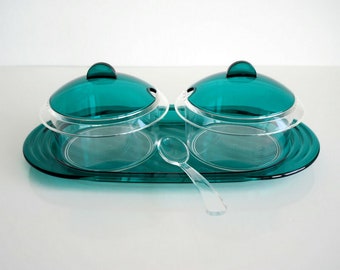 Vintage Guzzini tray and two jam pots green colour Orient Express series by Giugiaro design