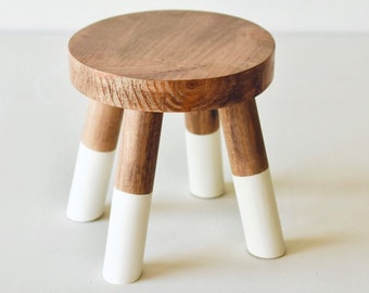 4 Legged Dipped Leg Wooden Stools Farmhouse Step Stool 10" White & Wood