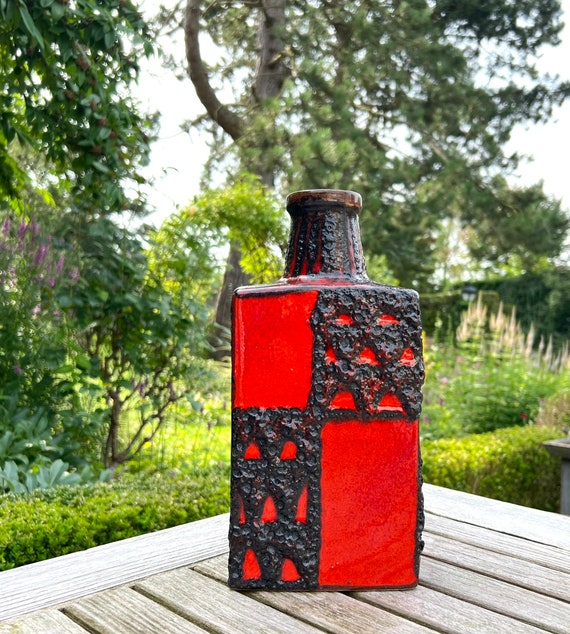 Scheurich Fat Lava Vase, Orange Red & Black Rectangular Pottery