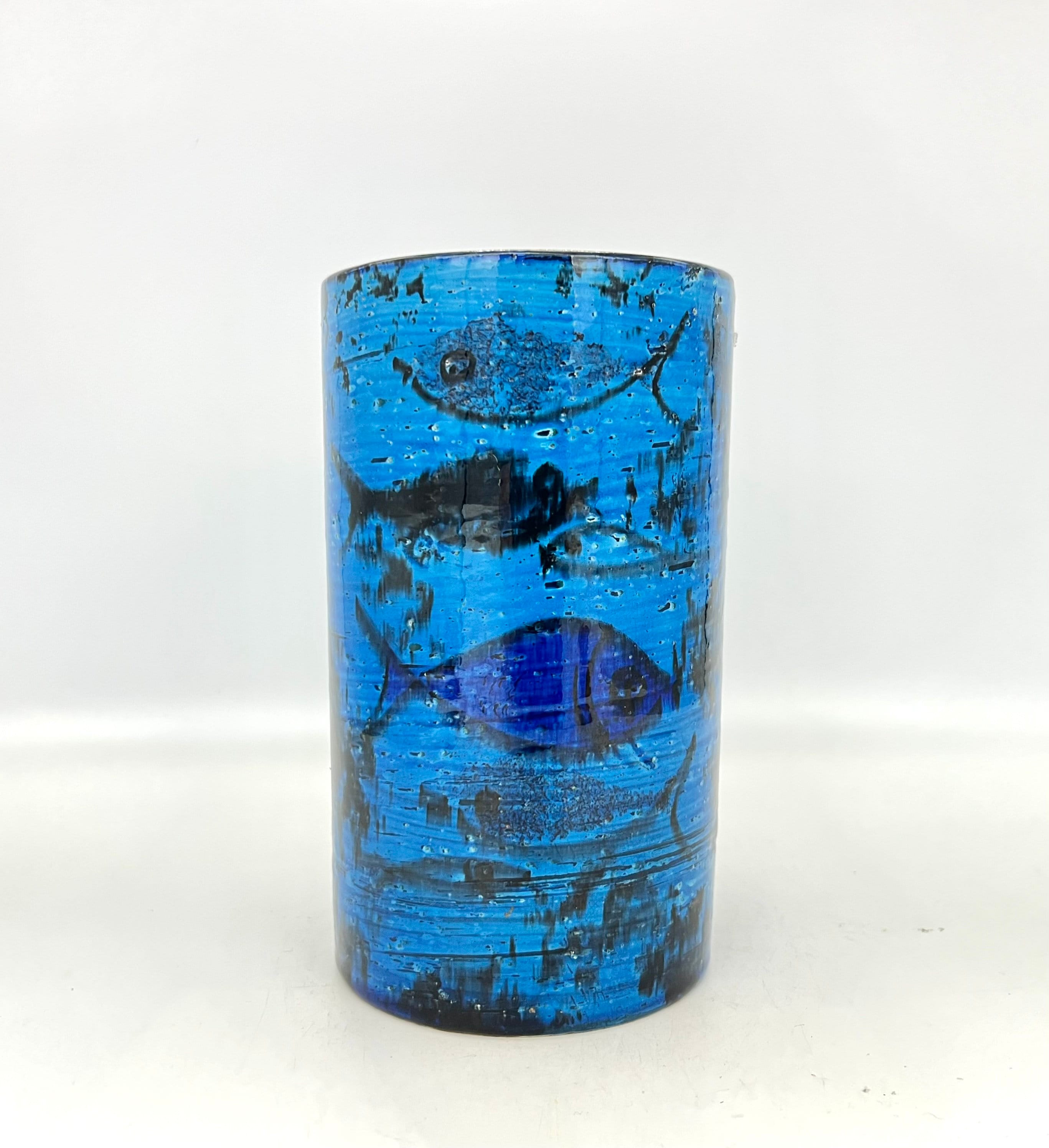 Bitossi Rimini Blue Fish Vase, Aldo Londi, Mid-century Italian