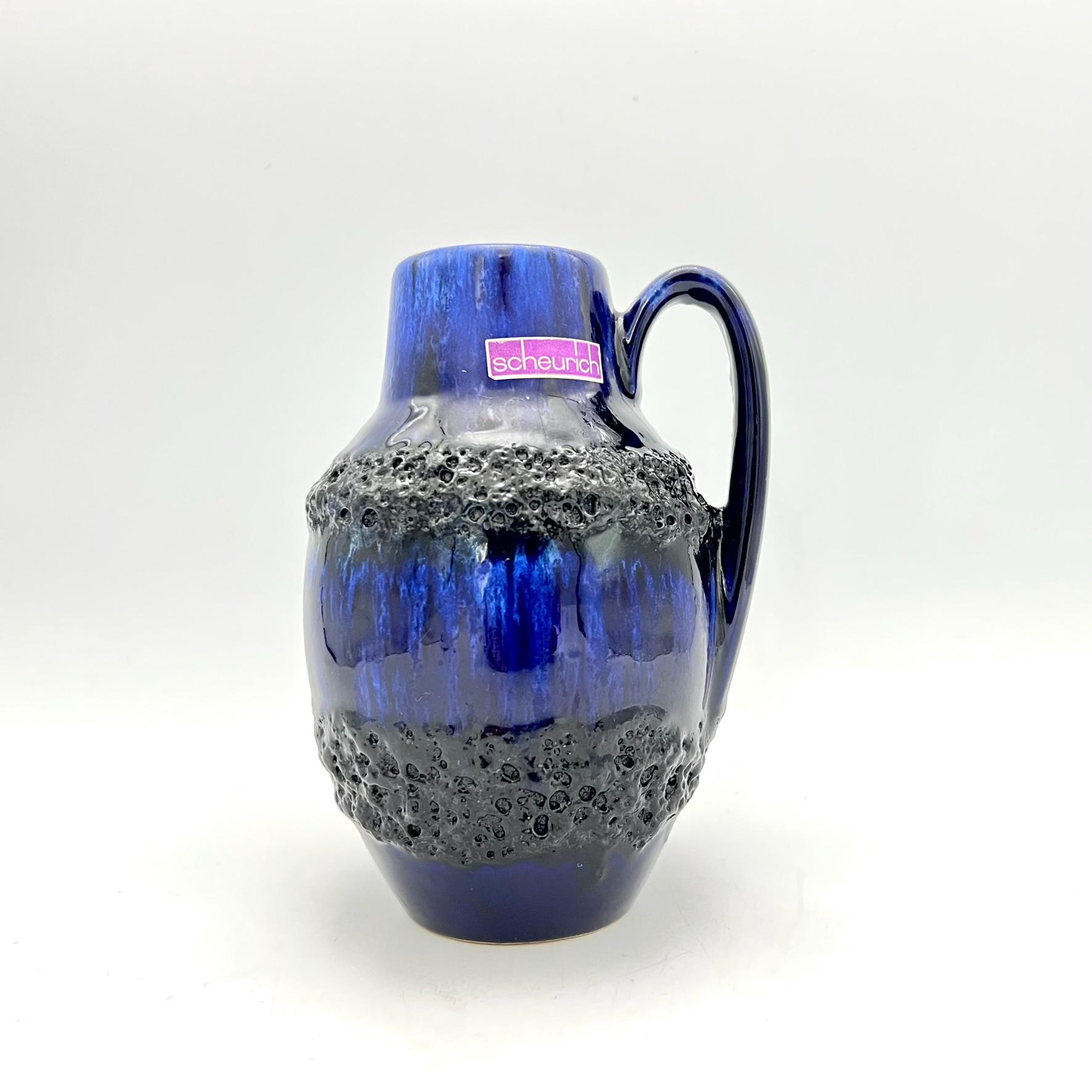 Scheurich Keramik Vase 414-16 – Blue Fat Lava Glaze, West Germany