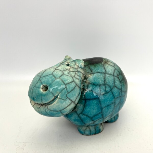 Hippopotame en céramique raku - vert aqua / noir Céramique vintage moderne du milieu du siècle.