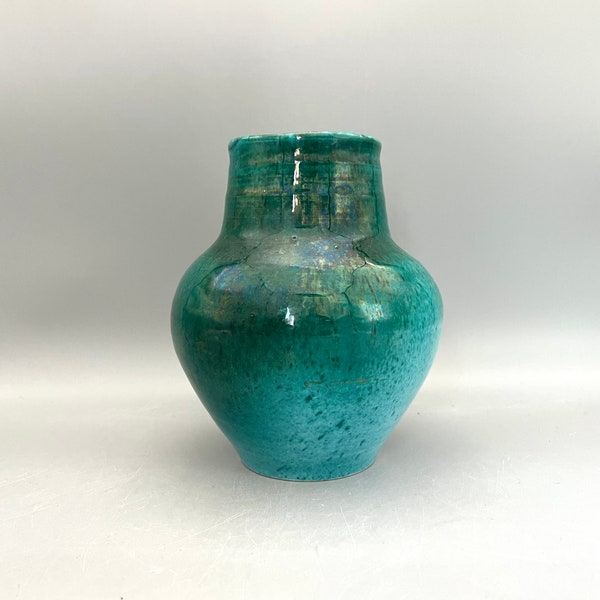 Beautiful handmade France, Turquoise green blue color vase. Unknown Studio maker signed on the base , Accolay Era 1970s.