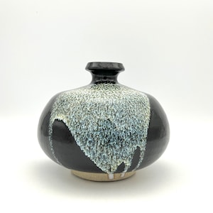 Può includere: Un vaso in ceramica nera con una glassa bianca e grigia. Il vaso ha un corpo rotondo e una piccola apertura nella parte superiore.