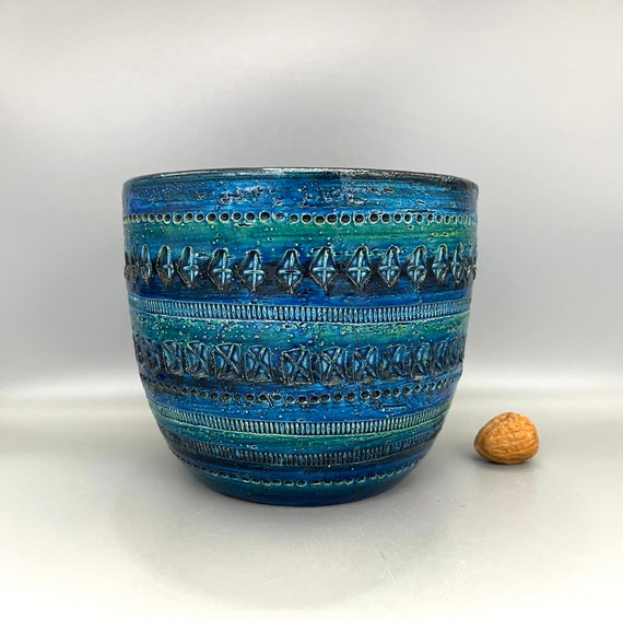 Vintage Bitossi Rimini Blue Planter by Aldo Londi, Italian Ceramic