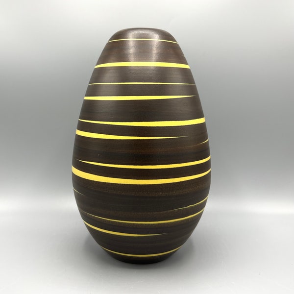 Ilkra Edelkeramik Cairo , beautiful large mat black and yellow lines, nice rare Vase Mid Century Pottery  West Germany.