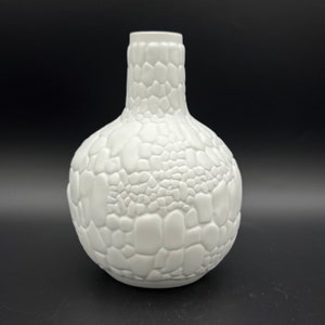 AK Kaiser 254 / 16  bisque white porcelain Mid Century Modern 1960s  OP ART crocodile / gobble stone relief vase Germany.