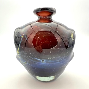 Mdina Glass , signed  ART Studio Glass Amber color, with lines and dots in aqua blue and gold . 1970s Michael Harris, Malta glass ART work.