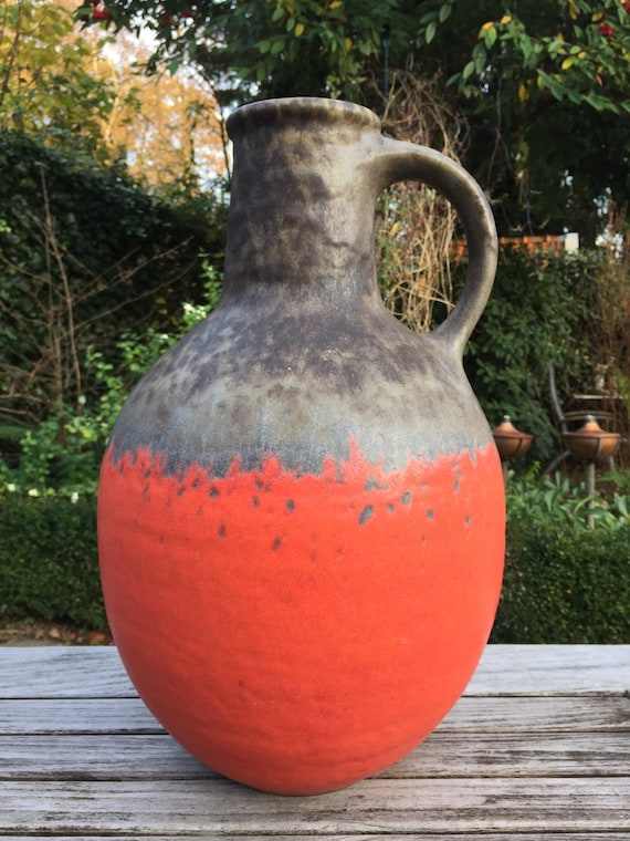 Vintage Jasba XL Keramik Bodenvase, orange-graue Glasur