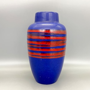Scheurich  569 - 21  blue with red bands , stylish Vintage Mid Century Modern Vase 1960s West Germany Pottery .