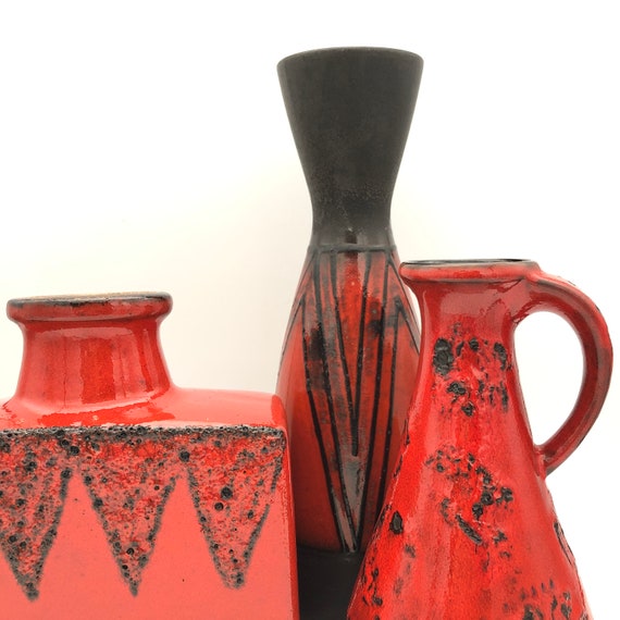 Graflich Ortenburg Fat Lava Fatlava 西ドイツ Fat Lava Vase, Gräflich Ortenburg, Red Black West German Pottery