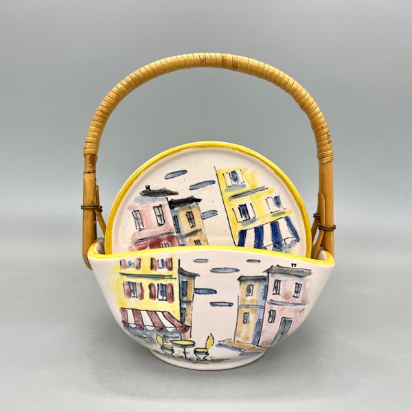 6 coasters decor ,,Paris " handpainted design in  1950s basket with bamboo handle rare  handmade West Germany ceramic.  WGP bowl.